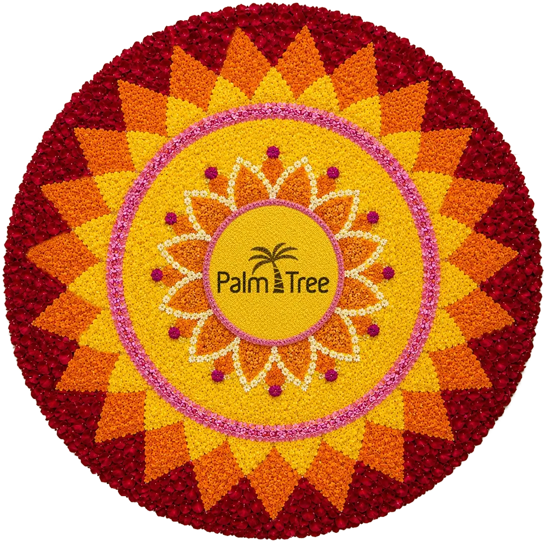 A fully bloomed traditional Kerala Pookalam featuring the Palmtree logo